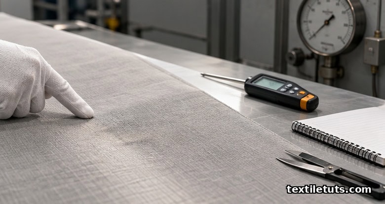 Wool fabric being inspected on a mill QC table under raking light, with a probe thermometer and tension dial gauge visible.
