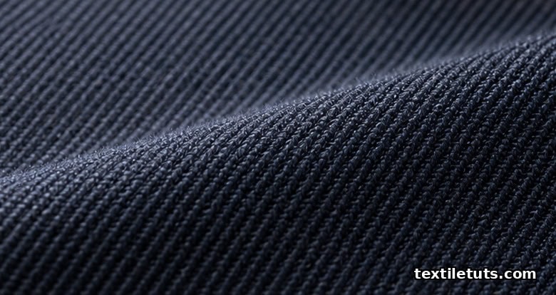 Macro close-up of a worsted wool gabardine surface showing the crisp diagonal twill line and locked yarn crimp after crabbing.