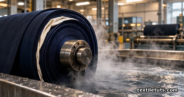 Steel crabbing roller wound with worsted wool gabardine beside a hot-water crabbing pit in a textile mill, with steam rising.