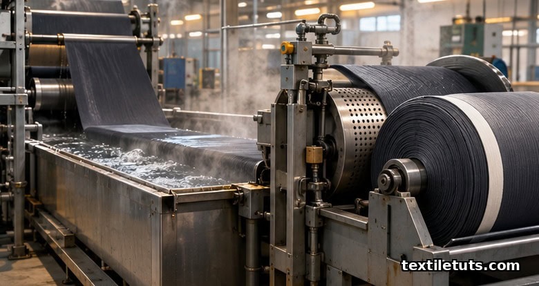 Side view of a crabbing machine passing worsted fabric through a hot-water saturator onto a perforated steel roller with head cloth.