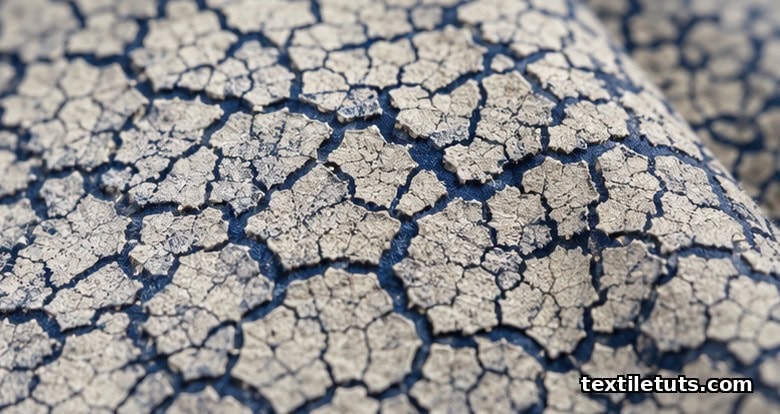Macro close-up of crackle print fissures on cotton revealing the indigo-dyed ground beneath.
