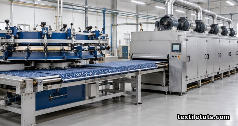 Industrial rotary screen printing line feeding printed cotton fabric into a stenter dryer chamber.