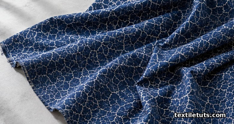 Hero swatch of crackle-printed cotton fabric showing fine fissures over a deep indigo-dyed ground.