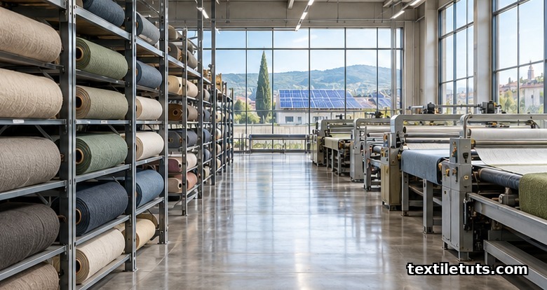 Modern textile mill interior with rows of certified fabric rolls under natural daylight, representing where C2C textiles are produced.