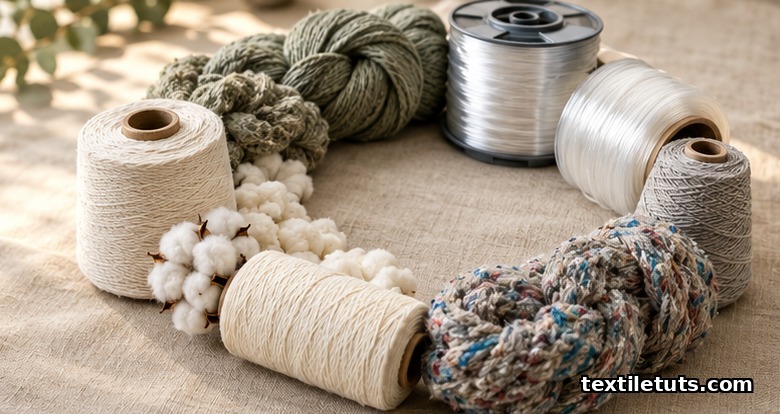 Spools of natural and recycled fibers arranged in a continuous circular loop illustrating the cradle-to-cradle textile cycle.