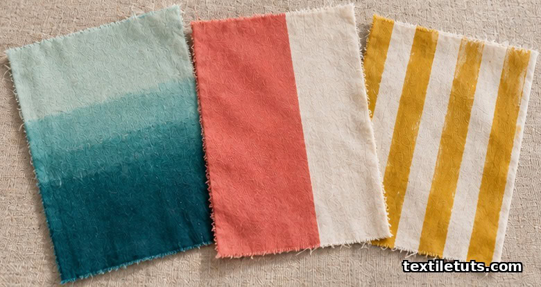 Three fabric dyeing techniques displayed: gradient dip-dye, color-blocked sections, and bold stripes
