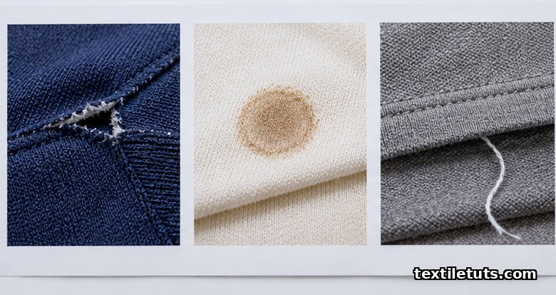 Macro view of three textile defects — a torn seam, a stain patch, and a loose thread end — laid out on a white inspection board.