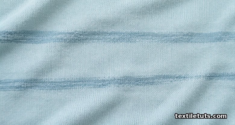 Light pastel-dyed knit fabric flat-lay showing horizontal streaky bands from yarn unevenness, illustrating CV-percent defects in fabric quality.