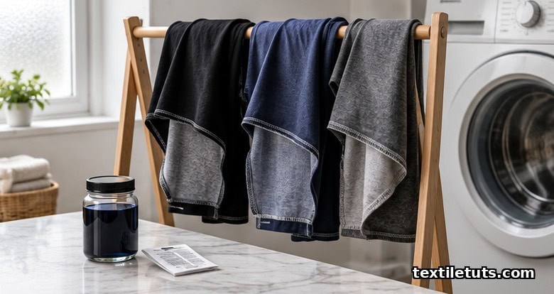 Black, navy, and charcoal cotton t-shirts turned inside-out on a drying rack beside a washing machine.
