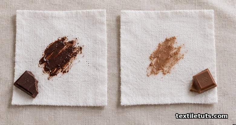Two cotton squares comparing dark chocolate and milk chocolate stains side by side