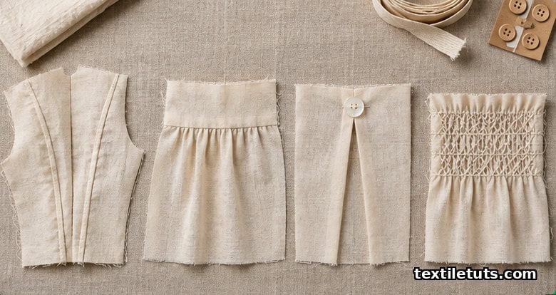 Cotton swatches showing dart substitutes: princess seams, gathered yoke, release pleat, and smocked rows on a linen surface.