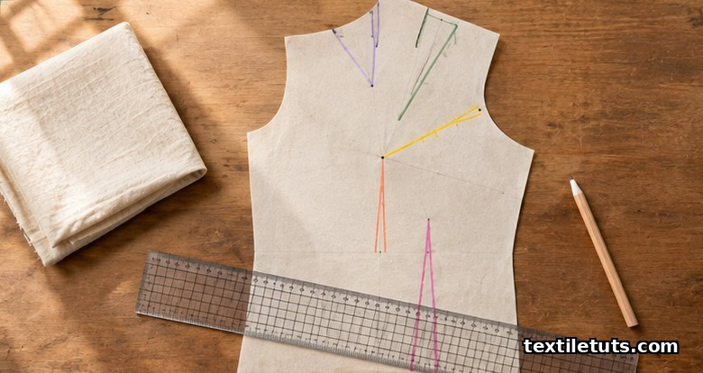 Paper bodice pattern block with five colored darts marked on cream pattern paper, ruler and chalk on a wooden cutting table.