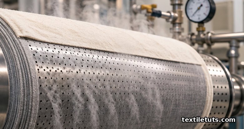 Close-up of perforated stainless steel decating spindle wound with worsted wool and cotton wrapper fabric.