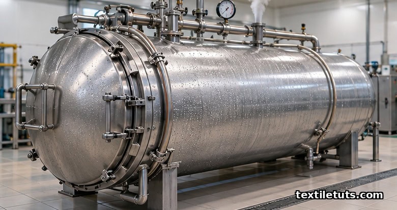 Horizontal pressure decating autoclave vessel with steam piping and pressure gauges in a textile finishing room.