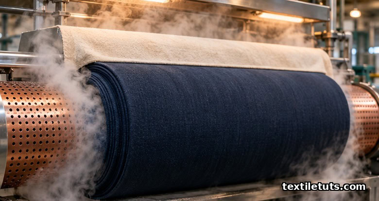 Wool fabric on a perforated copper roller inside a steam-filled decating chamber in a textile finishing mill.