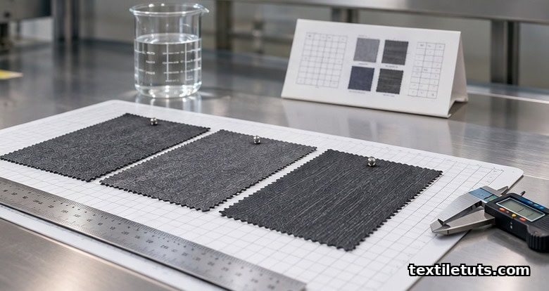 Wool fabric swatches on a laboratory bench with steel ruler and digital caliper for shrinkage testing.