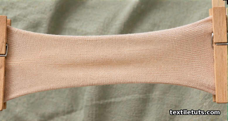 Close-up of nude-tone lycra fabric stretched between two wooden clothespins showing the elastic weave.