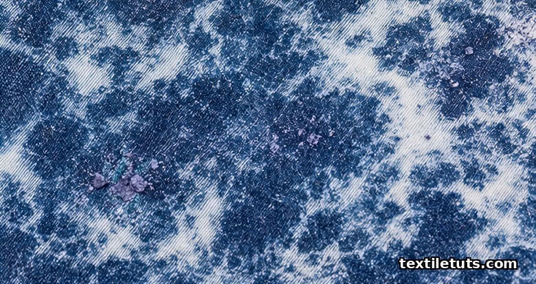 Marbleized white and pale-blue acid-washed denim swatch showing the high-contrast permanganate bleach pattern.