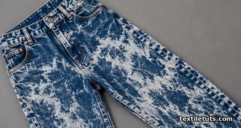 Flat-lay of acid-washed denim garment showing high-contrast marbleized white-and-blue swirl pattern across the leg.