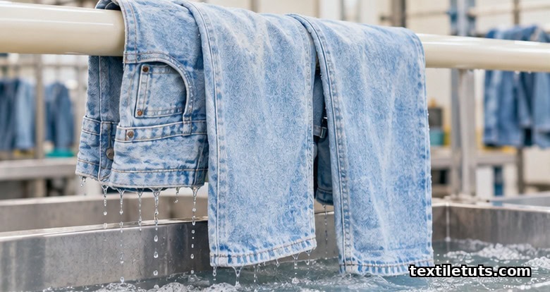 Pale sky-blue bleach-washed denim jeans draped on a rail, dripping into a rinse trough after a chlorine bleach finish.
