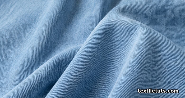 Close-up of bleach-washed denim fabric showing uniform pale light-blue tone and soft drape under directional window light.