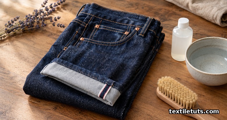 Folded indigo selvedge jeans on an oak tabletop with a bowl of cool water, pH-neutral detergent, and a garment brush, soft natural light.