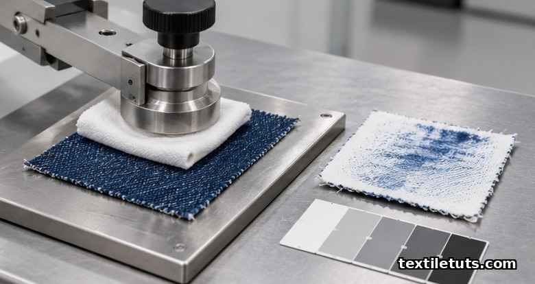AATCC Crockmeter rubbing test on indigo denim to measure dye crocking under ISO 105.