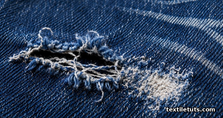 Macro close-up of indigo denim showing torn warp yarns, frayed edges, faded abrasion patches, and broken fibers in classic wear damage.