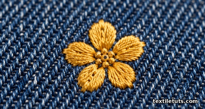 Macro close-up of indigo denim twill weave with a small golden-yellow embroidered floral motif stitched into the fabric.