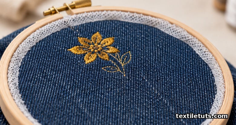 Embroidery hoop holding drum-tight indigo denim over white mesh cut-away stabilizer, with a small embroidered motif forming.