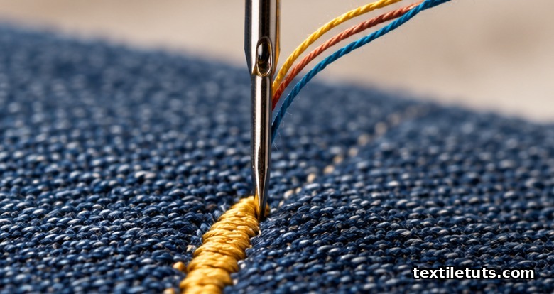 Close-up of a 90/14 ballpoint needle piercing 12 oz indigo denim during stitch formation with polyester thread trailing.