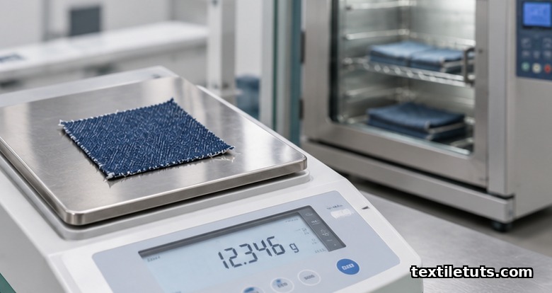 Cut denim specimen on a calibrated balance under ISO 3801 fabric mass test in a textile lab.