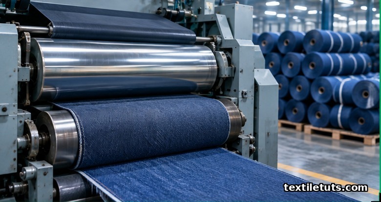 Sanforizing rubber-belt compactor finishing denim fabric, with finished soft indigo-dyed denim rolls stacked in the background.