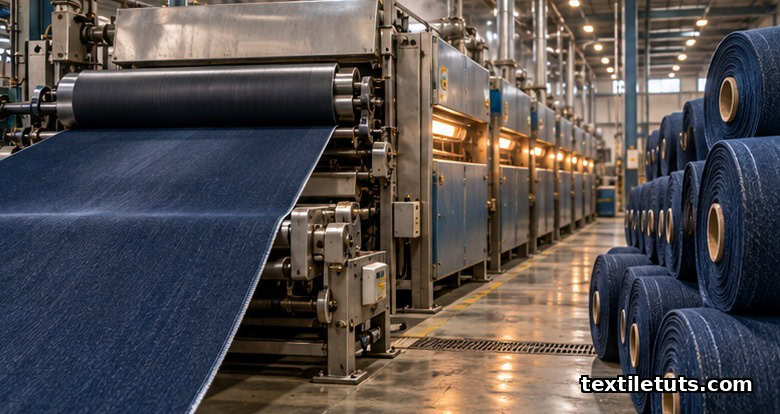 Denim finishing line with indigo fabric passing through a sanforizing rubber-belt compactor and stenter frames, beside stacked rolls of finished fabric.