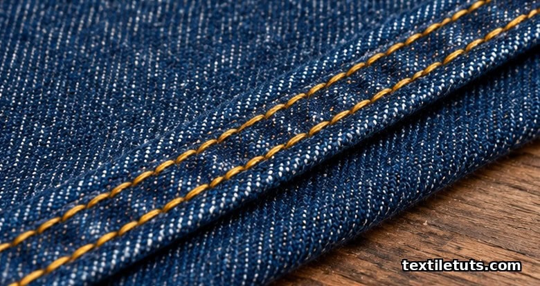 Detail of an indigo denim flat-felled seam with two rows of yellow topstitching showing the classic ISO 4916 woven seam construction.