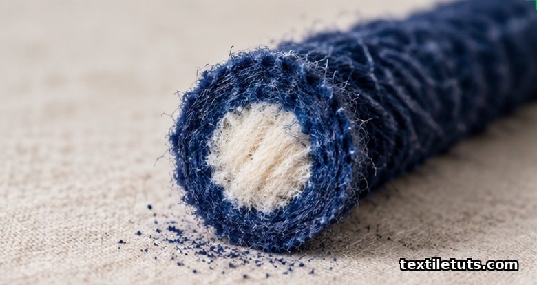 Macro cross-section of indigo-dyed denim yarn showing the dark blue outer ring and undyed white inner core that causes fading.