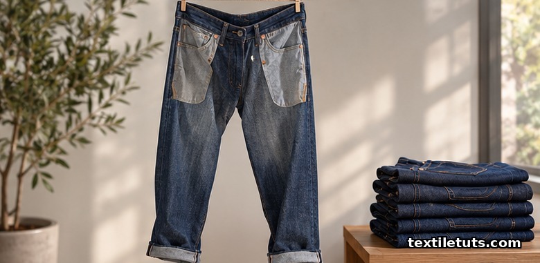 Inside-out indigo jeans hanging from a wooden clothesline in a shaded indoor space with a folded stack on a shelf below.