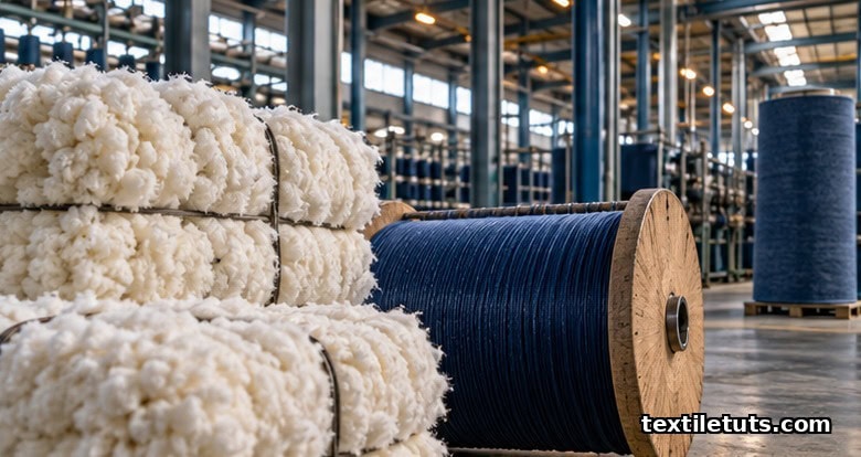 Editorial view inside a denim mill showing white cotton bales, indigo-dyed warp yarn spools, and a roll of finished blue denim fabric under warm industrial light.
