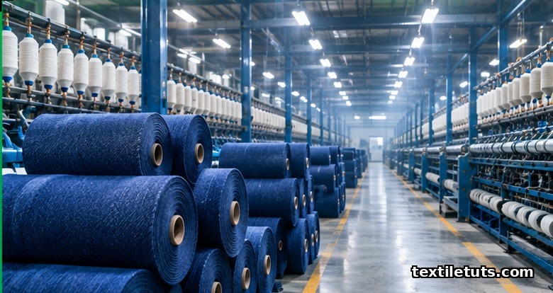 Wide editorial view of a denim mill interior with rows of industrial textile machines and stacked rolls of indigo-dyed blue denim fabric.
