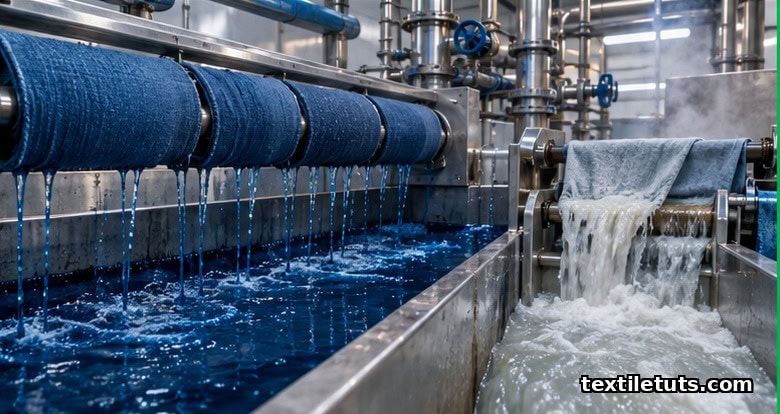 Indigo dye-bath overflow trough and desizing wash compartment in a denim finishing mill, with steel basins and dripping rollers.