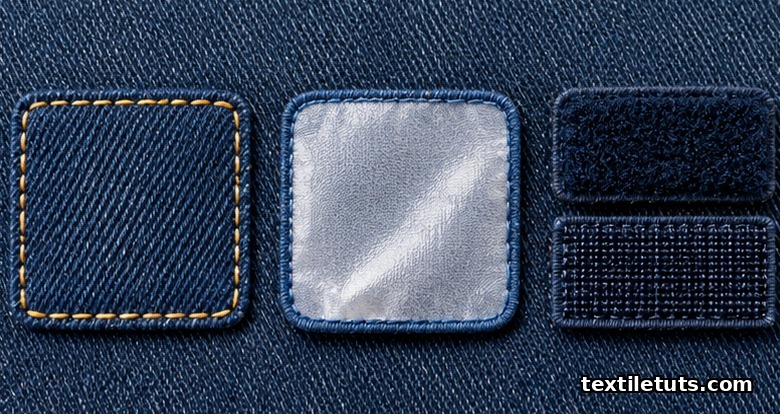 Three denim patch attachment samples arranged side by side: sewn lockstitch, heat-bonded adhesive, and hook-and-loop tape.