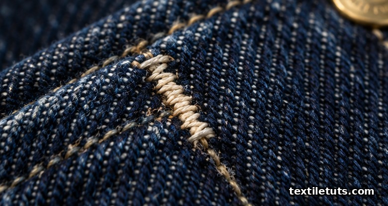 Macro close-up of a tight zigzag bartack stitch anchoring an indigo denim pocket corner beside a brass rivet head.
