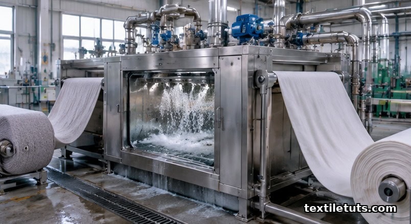 Continuous open-width fabric pretreatment range with grey cotton fabric entering a kier, washing compartment, and emerging bleached and dried.