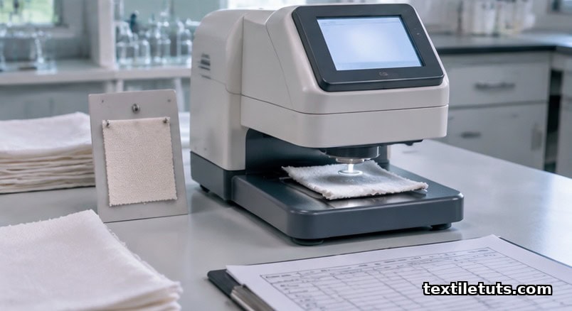 Lab technician measuring the whiteness index of a bleached cotton fabric on a spectrophotometer beside a control swatch.