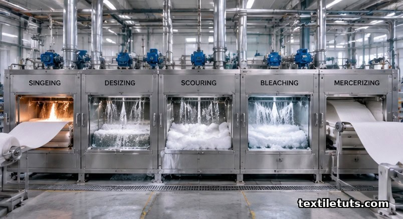 Multi-compartment pretreatment sequence for woven cotton fabric — singeing, desizing, scouring, bleaching, mercerizing — on a horizontal range.