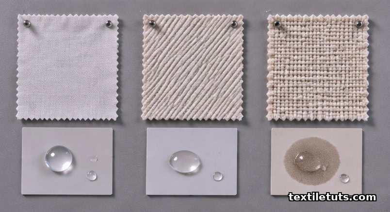 Three fabric swatches of different woven structures — poplin, twill, canvas — annotated with pretreatment parameters and water-absorption behavior.