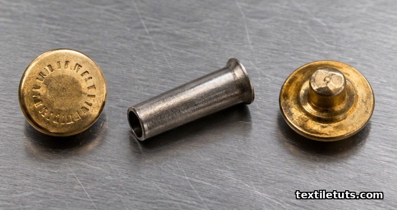 Studio photograph of a disassembled denim rivet showing the brass head, tubular shank, and clinched back laid out on steel.