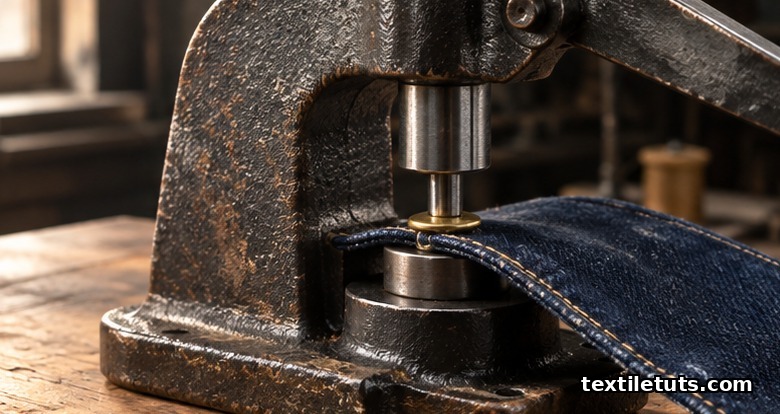 Editorial photograph of a manual cast-iron kick press setting a brass rivet through indigo denim on a workshop bench.