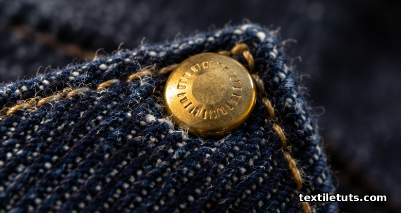 Macro close-up of a brass denim rivet set into the corner of an indigo raw denim pocket on heavy twill fabric.
