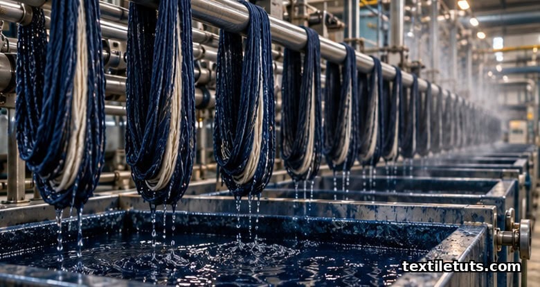 Rope dyeing range with dark indigo yarn hanging in loops between rectangular dye boxes and oxidation skyers inside a denim mill.
